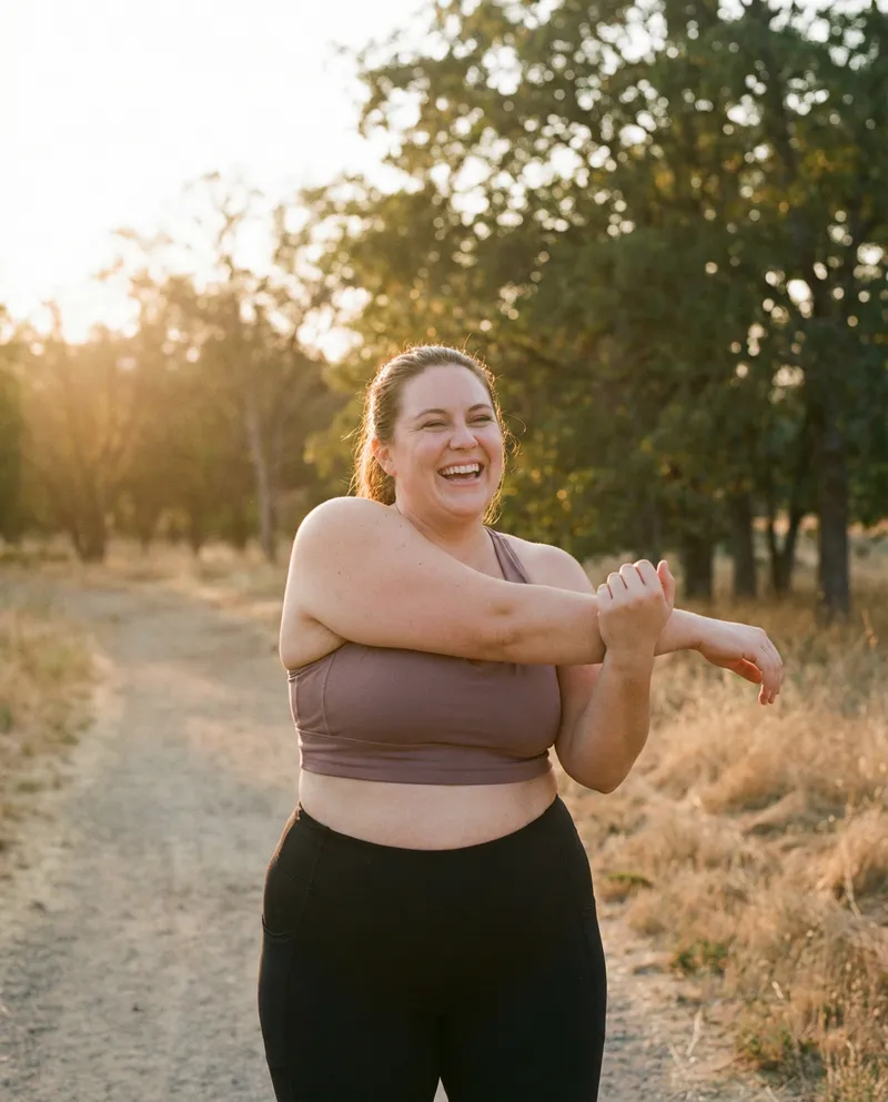 Woman stretching outdoors at sunset